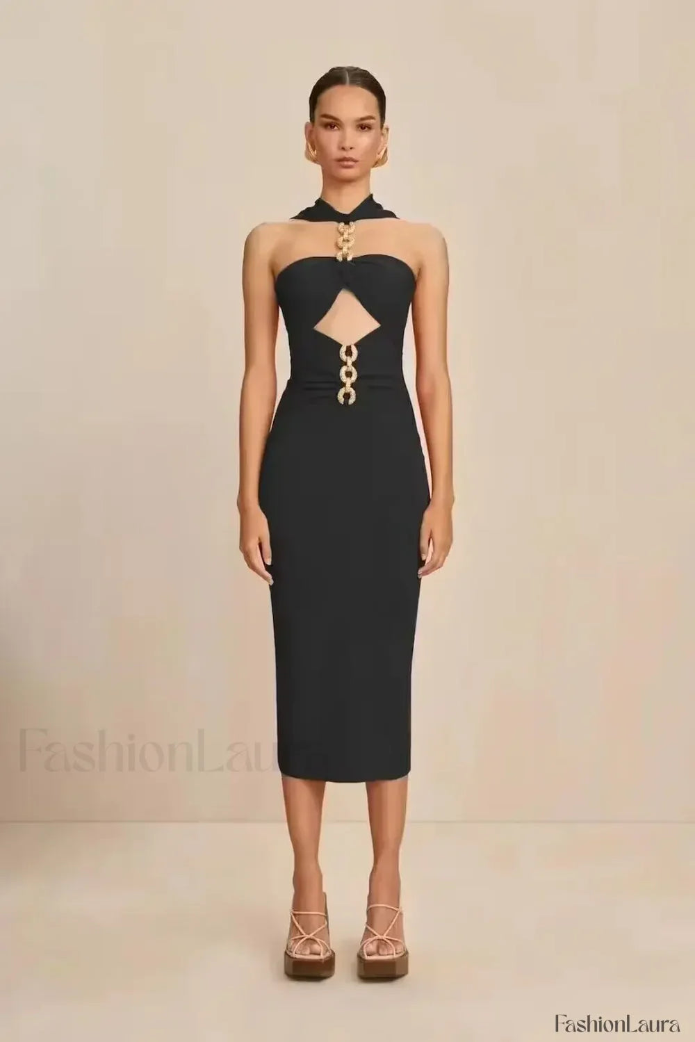 White Halter Bandage Midi Dress Black / S