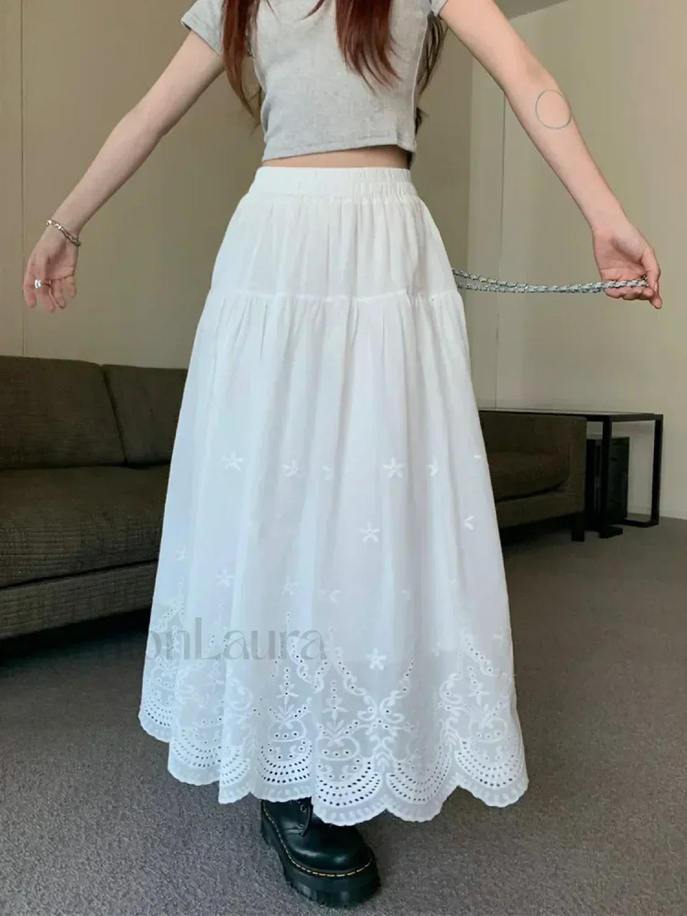 White Hollow out Embroidered Vintage Swing Long Skirt WHITE / One Size