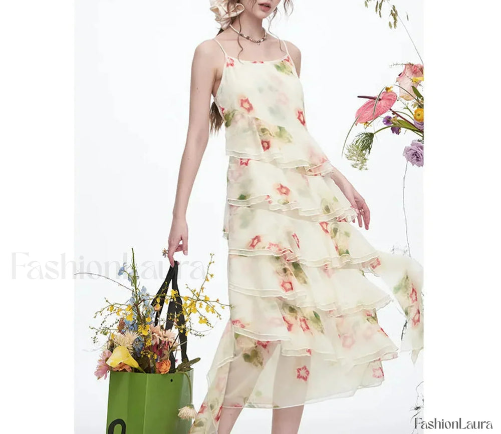 White Irregular Sling Floral Dress Beige / S