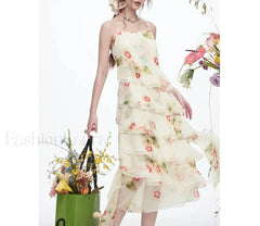 White Irregular Sling Floral Dress Beige / S