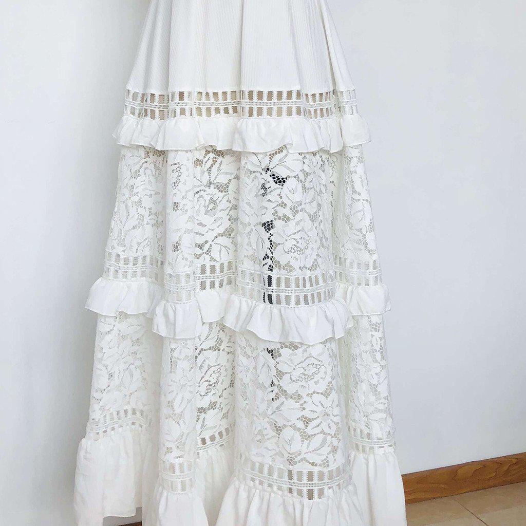 JuliaFashion - White Lace Petal Sleeve Vintage Maxi Dress