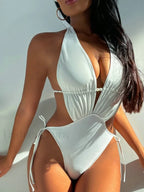 White Pearl Bow Tie Lace Up One Piece