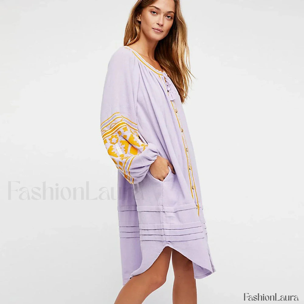 White Puff Sleeve Boho Dress Light Purple / S