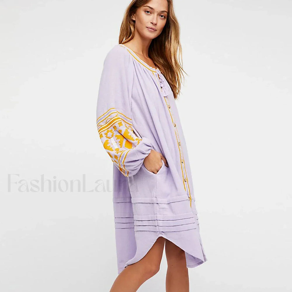 White Puff Sleeve Boho Dress Light Purple / S