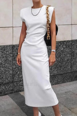 White Round Neck Split Bodycon Work Dress