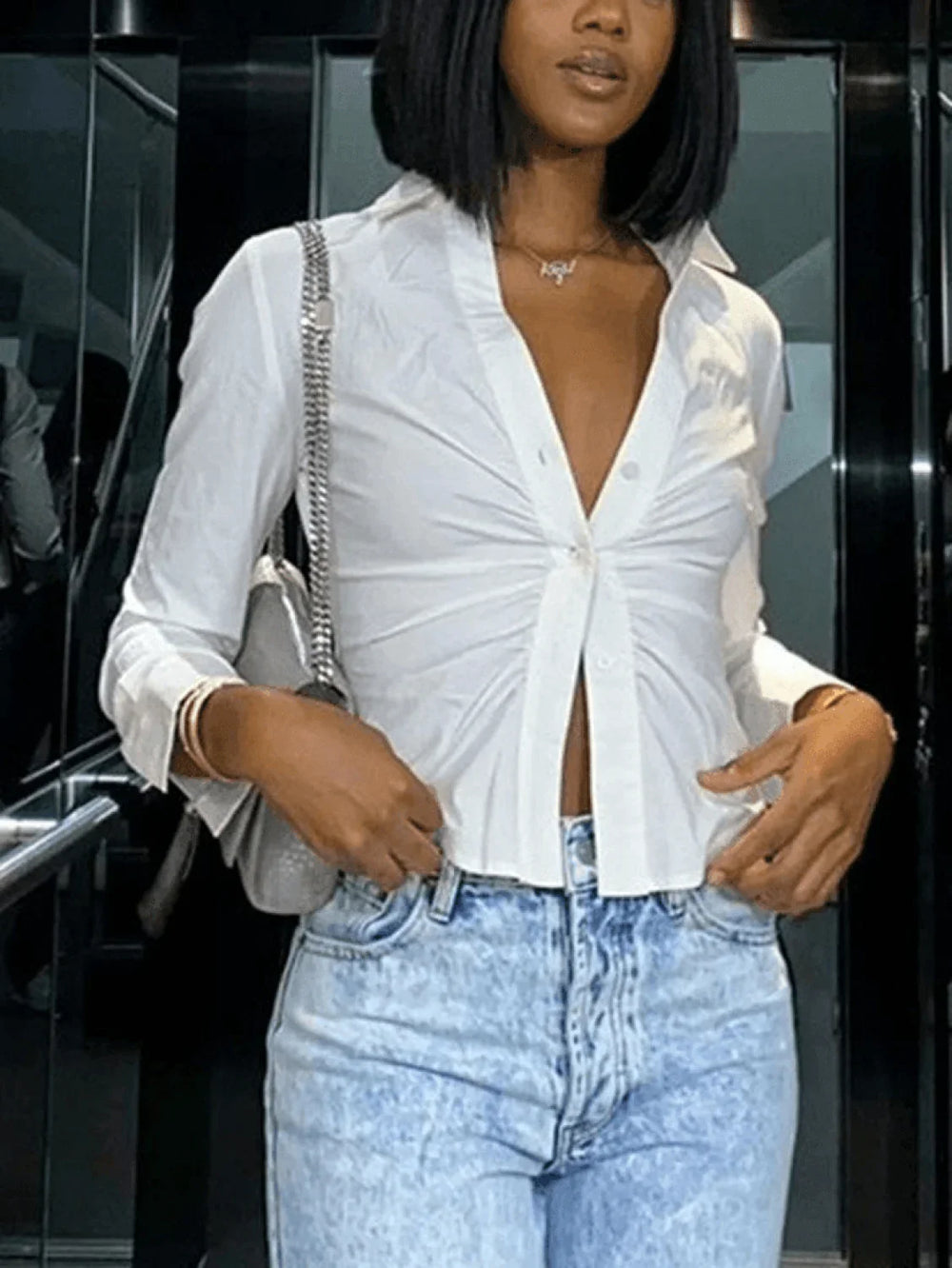 White Ruched Cropped Long Sleeve Blouse Tops&Tees
