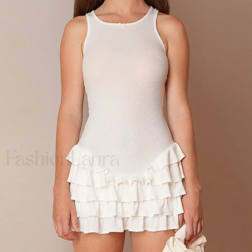 White Ruffles Summer Fashion Sleeveless Slim Tank 2024 Female O neck Casual Outfits Mini Dress White / S