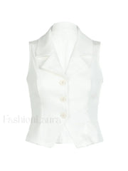 White Sleeveless Button Front Blouse Tops&Tees