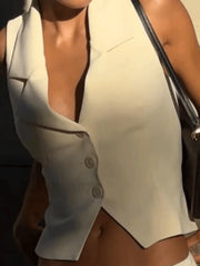 White Sleeveless Button Front Blouse Tops&Tees