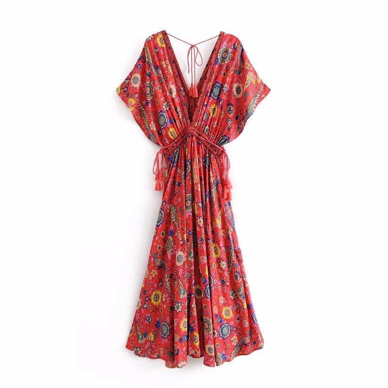 JuliaFashion - Wild Peacock & Flowers V-Neck Maxi Dress