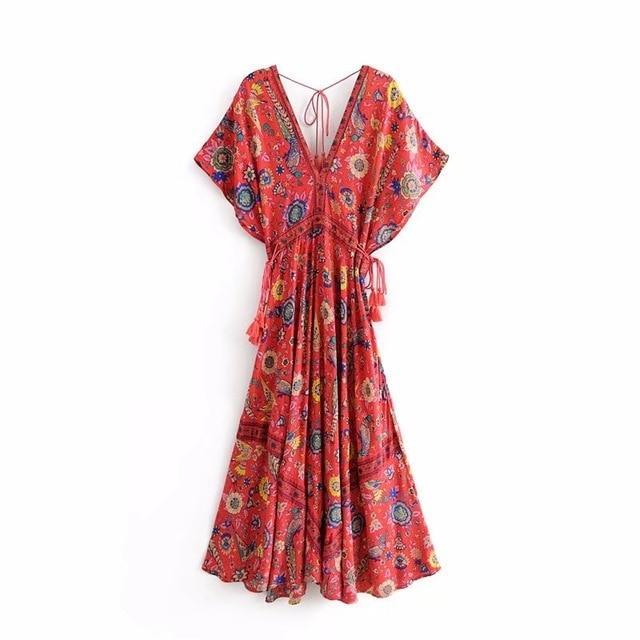 JuliaFashion - Wild Peacock & Flowers V-Neck Maxi Dress