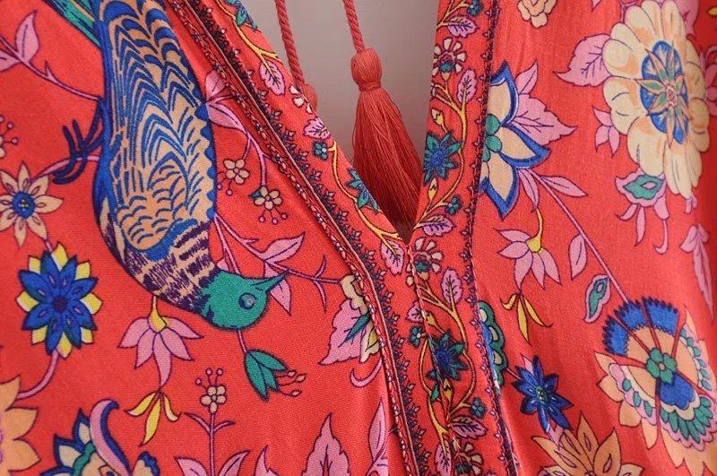 JuliaFashion - Wild Peacock & Flowers V-Neck Maxi Dress