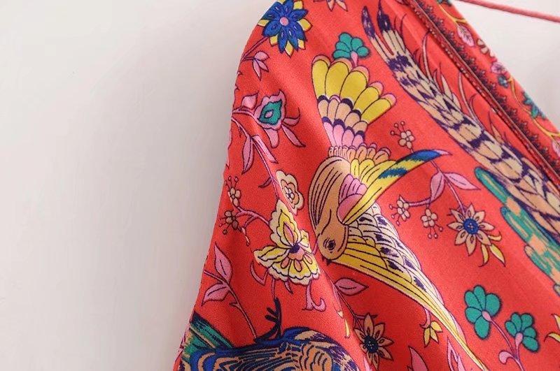 JuliaFashion - Wild Peacock & Flowers V-Neck Maxi Dress