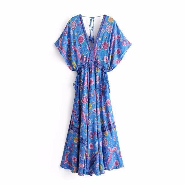 JuliaFashion - Wild Peacock & Flowers V-Neck Maxi Dress