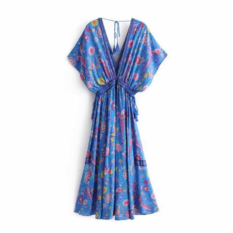 JuliaFashion - Wild Peacock & Flowers V-Neck Maxi Dress