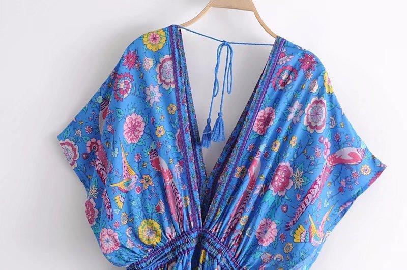 JuliaFashion - Wild Peacock & Flowers V-Neck Maxi Dress