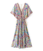 JuliaFashion - Wild Peacock & Flowers V-Neck Maxi Dress
