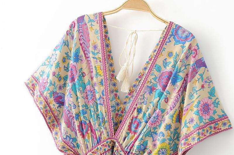 JuliaFashion - Wild Peacock & Flowers V-Neck Maxi Dress