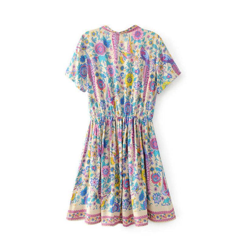 JuliaFashion - Wild Peacock & Flowers V-Neck Mini Dress