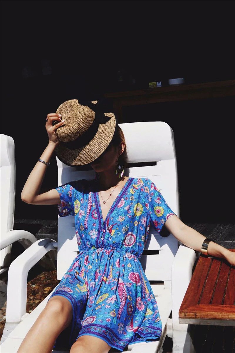 JuliaFashion - Wild Peacock & Flowers V-Neck Mini Dress