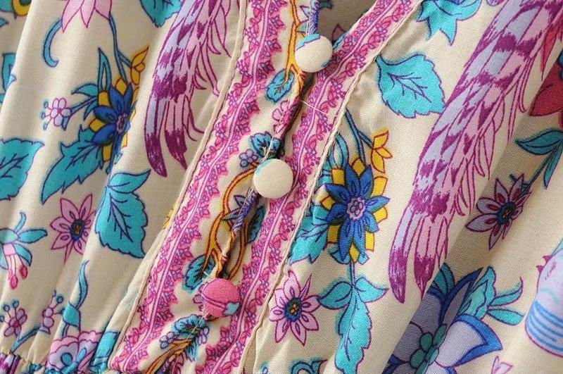 JuliaFashion - Wild Peacock & Flowers V-Neck Mini Dress