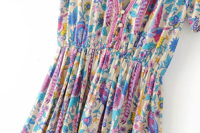 JuliaFashion - Wild Peacock & Flowers V-Neck Mini Dress