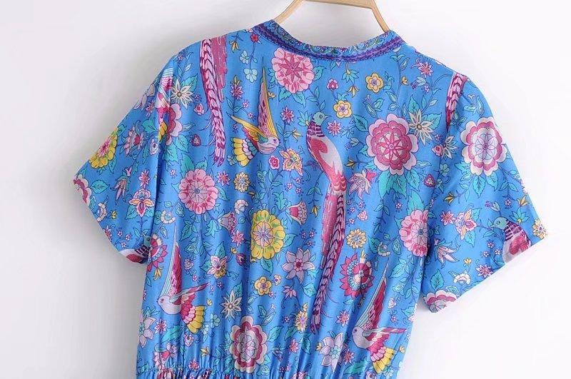 JuliaFashion - Wild Peacock & Flowers V-Neck Mini Dress