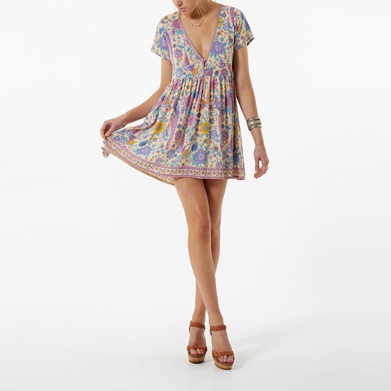 JuliaFashion - Wild Peacock & Flowers V-Neck Mini Dress