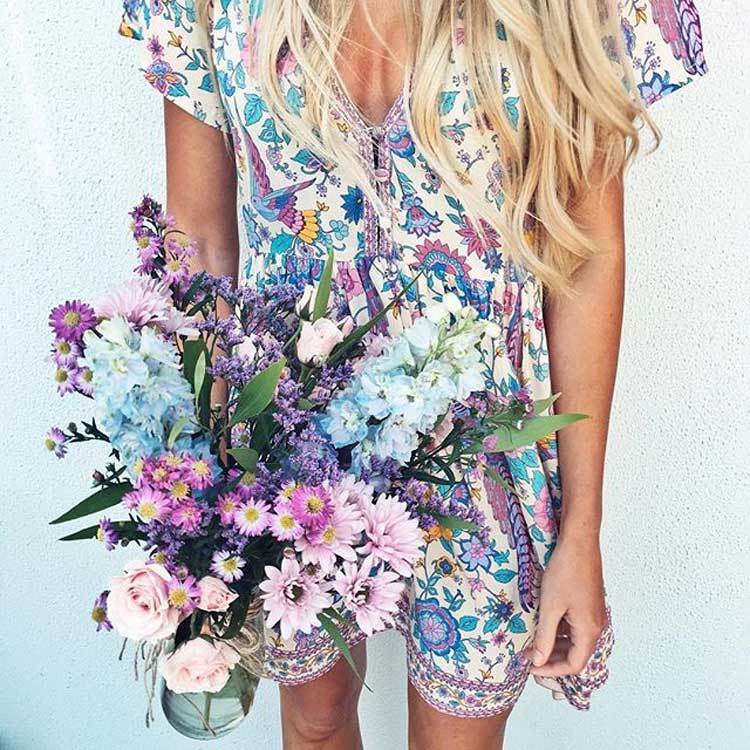 JuliaFashion - Wild Peacock & Flowers V-Neck Mini Dress