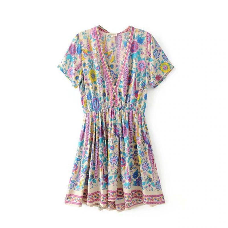 JuliaFashion - Wild Peacock & Flowers V-Neck Mini Dress