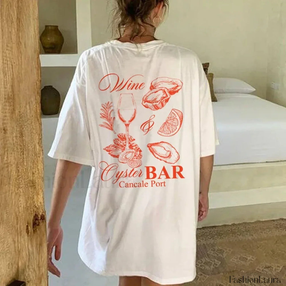 Wine Oyster Back Print Vintage Seafood T Shirt WHITE / S
