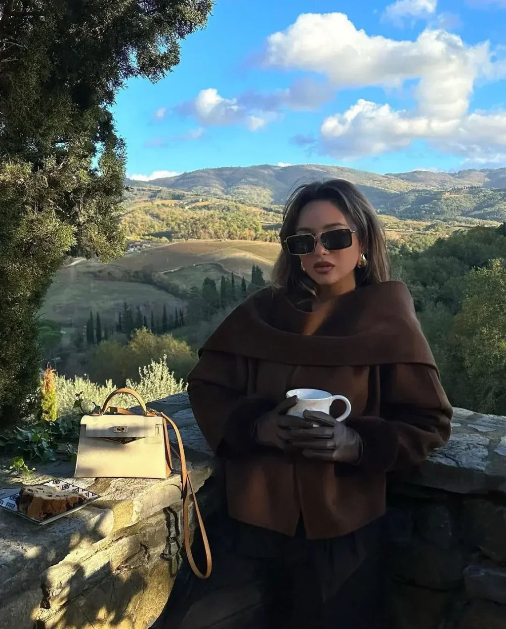 Women Brown Scarf Shawl Collar Short Wool Blends Coat Elegant Fashion Overcoats Brown / S