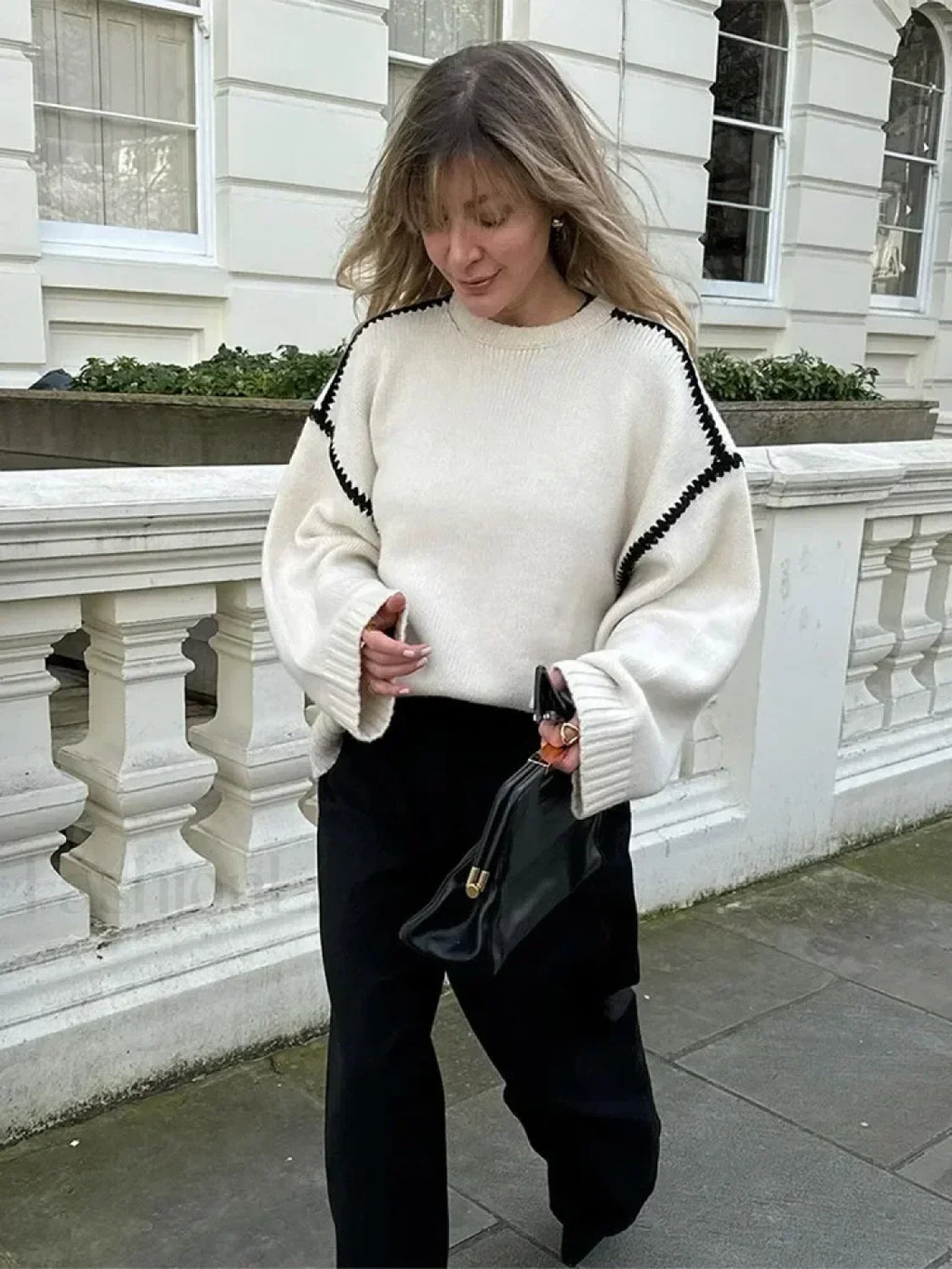 Women Elegant Contrast O Neck Knitted Casual Long Sleeve Loose Sweater Sweaters L