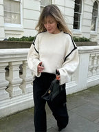 Women Elegant Contrast O Neck Knitted Casual Long Sleeve Loose Sweater Sweaters L