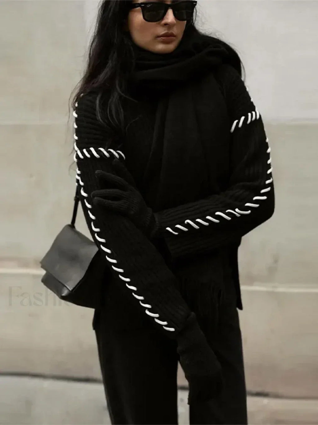 Women Elegant Contrast Stitching Knitted Pullover Casual Loose Turtleneck Long Sleeves Sweater Sweaters L