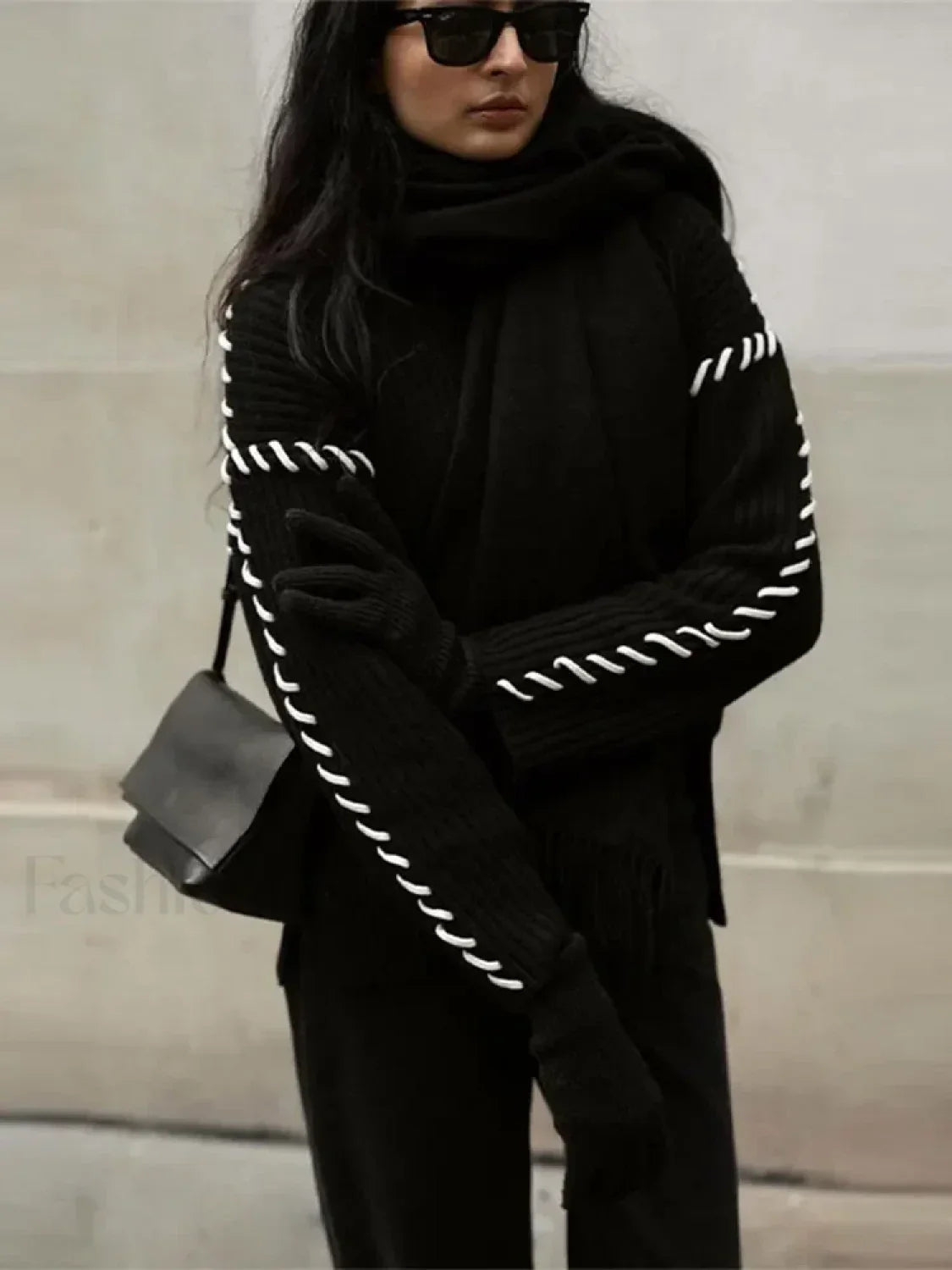 Women Elegant Contrast Stitching Knitted Pullover Casual Loose Turtleneck Long Sleeves Sweater Sweaters L