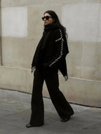 Women Elegant Contrast Stitching Knitted Pullover Casual Loose Turtleneck Long Sleeves Sweater Sweaters L