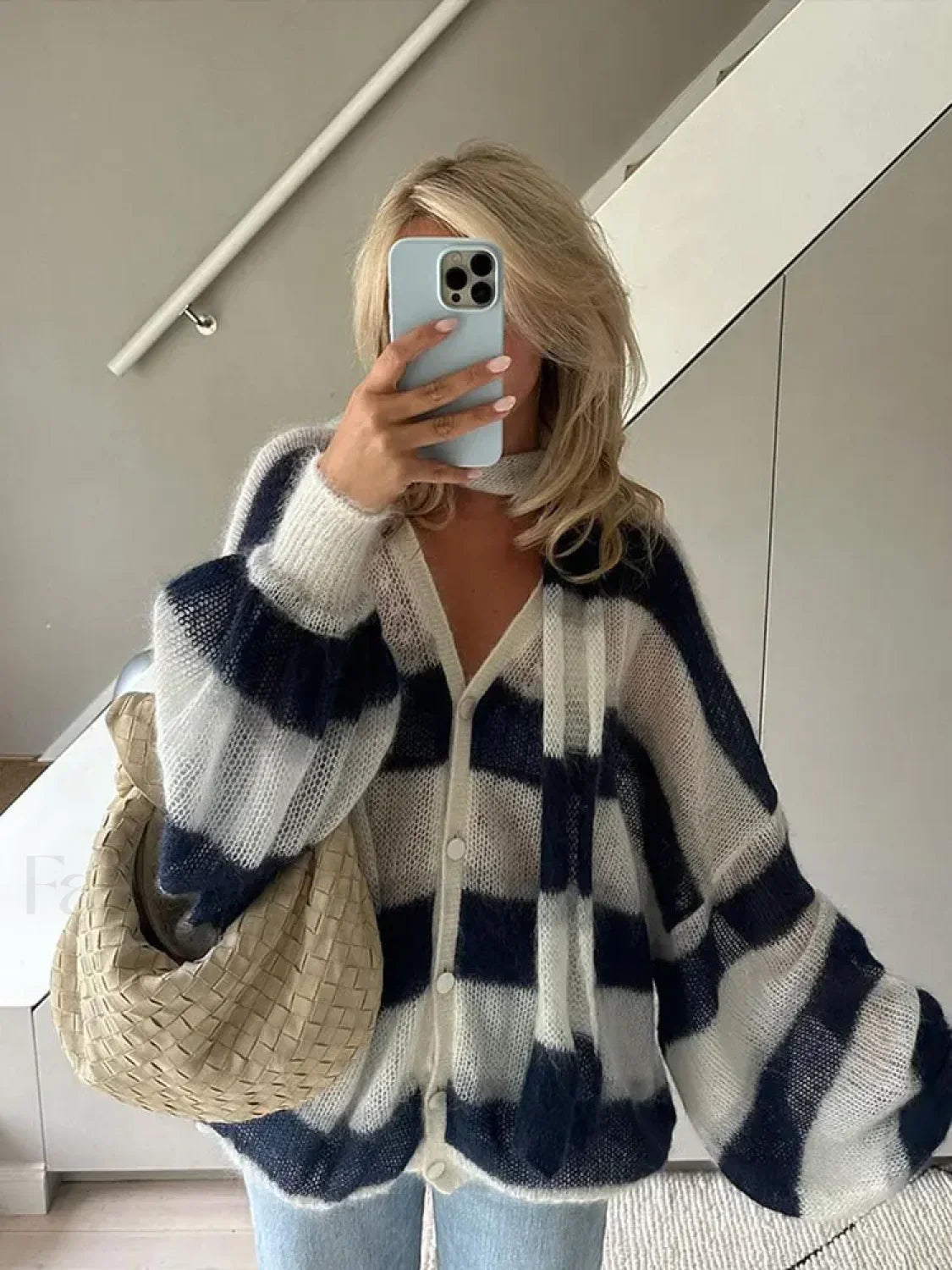 Women Fashion Contrast Striped Knitted Cardigan With Scarf Elegant V Neck Sweater Sweaters L
