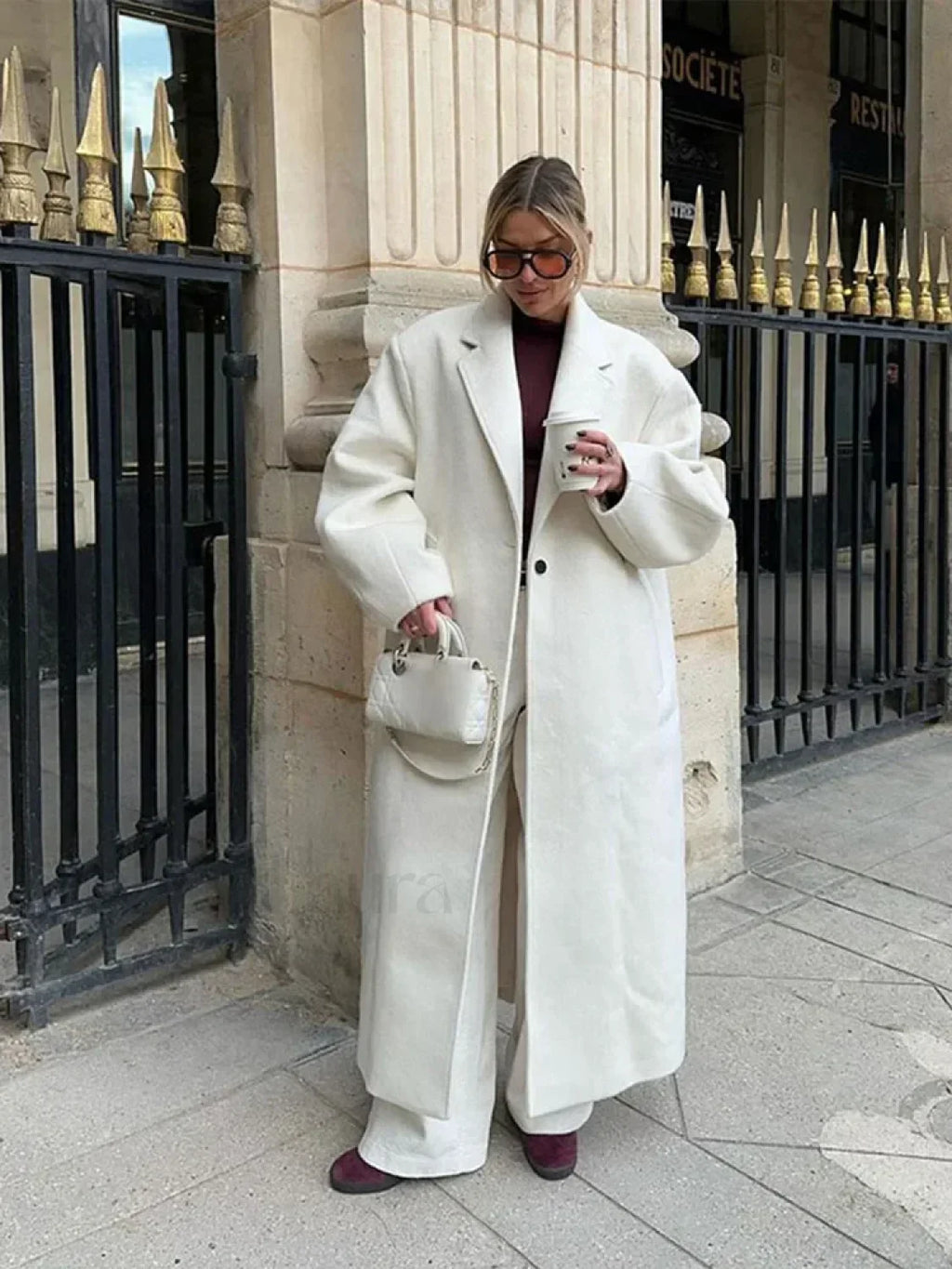 Women Fashion Loose White Long Woolen Overcoats