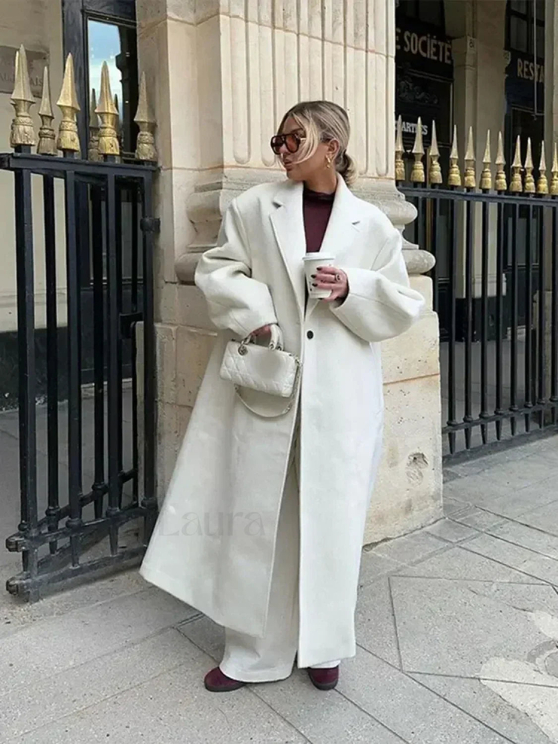 Women Fashion Loose White Long Woolen Overcoats