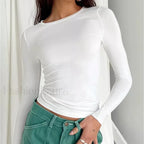 Women Long Sleeve Solid Slim Fit Casual Crop Top