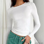 Women Long Sleeve Solid Slim Fit Casual Crop Top