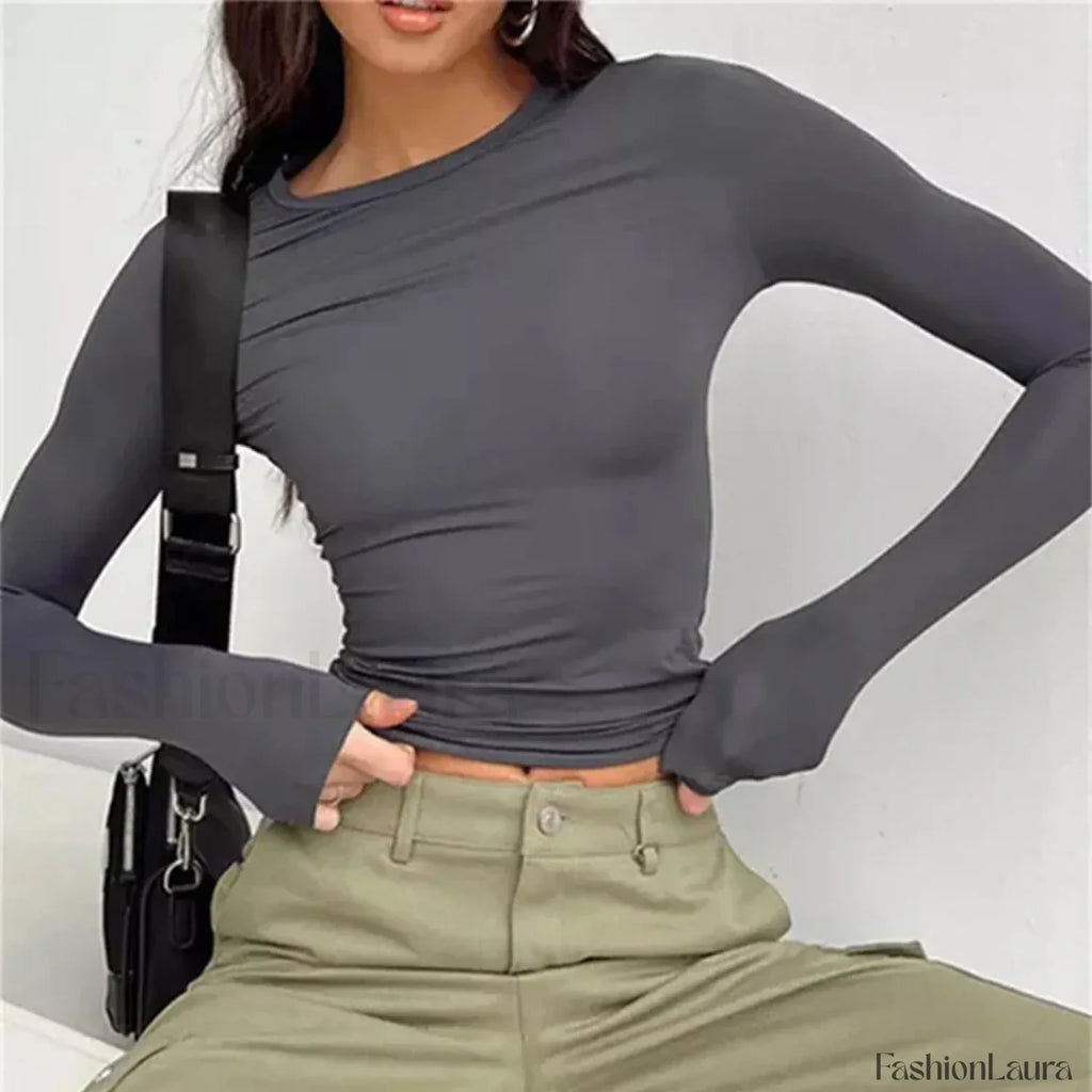 Women Long Sleeve Solid Slim Fit Casual Crop Top Dark Grey / S