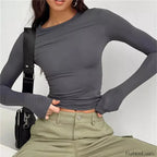 Women Long Sleeve Solid Slim Fit Casual Crop Top Dark Grey / S