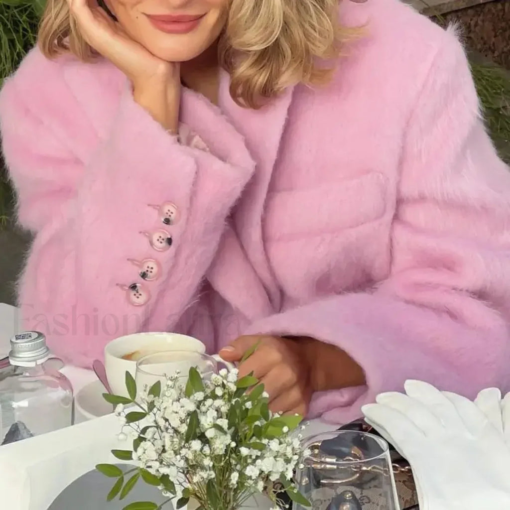 Women Pink Woolen Lapel Blazer Overcoats