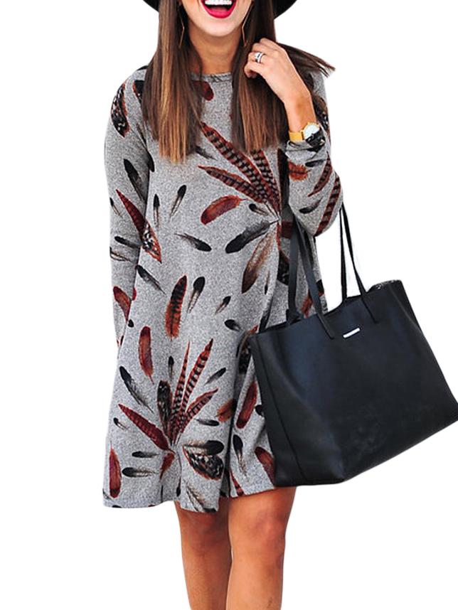 JuliaFashion - Right About This Feather Print Tunic Dress