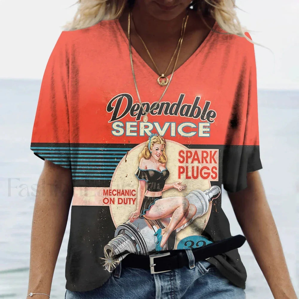 Women’s 3D Printed Casual V neck T Shirt red / S