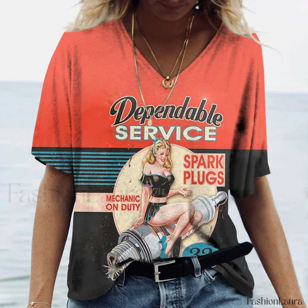 Women’s 3D Printed Casual V neck T Shirt red / S