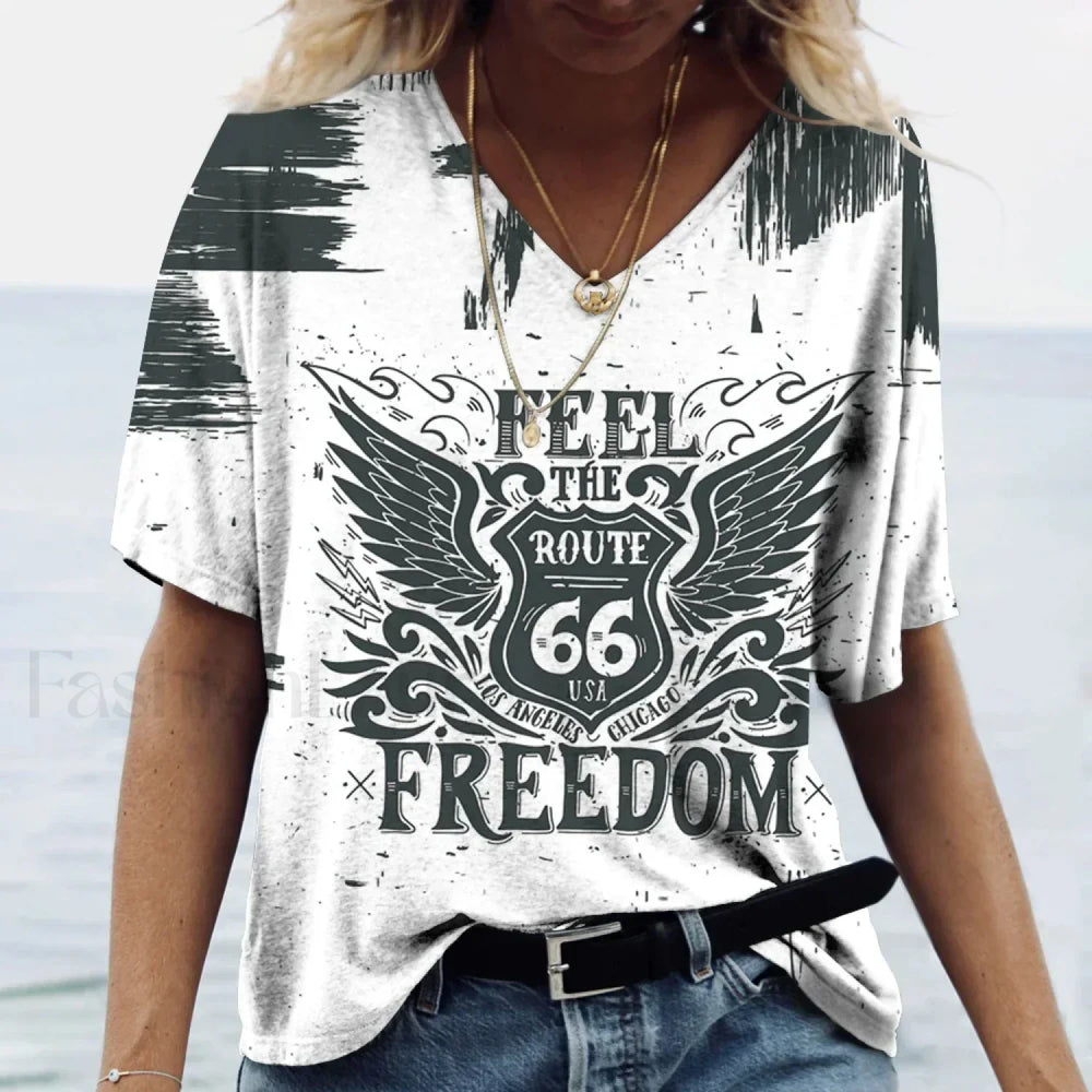 Women’s 3D Printed Casual V neck T Shirt white / S