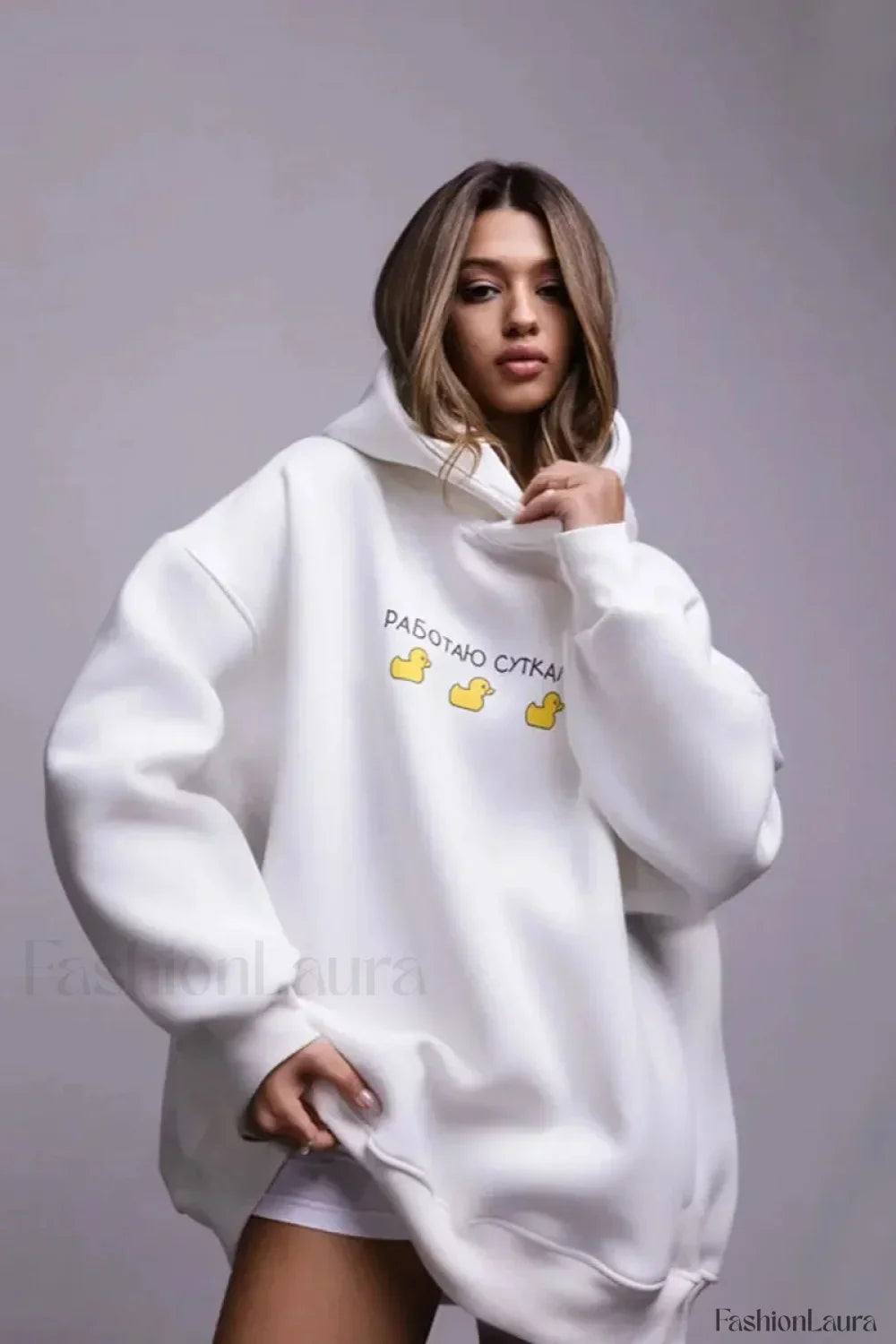 Women’s Casual Loose Fit Duck Print Hoodie White / S